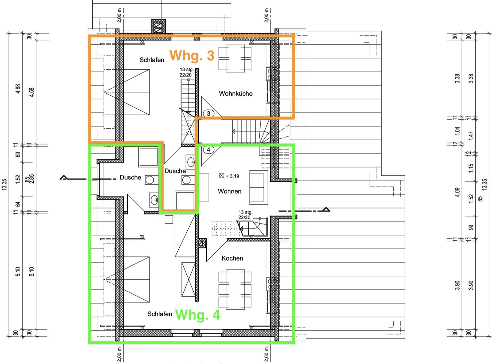 Grundriss des Dachgeschosses mit Wohnung 3 und Wohnung 4