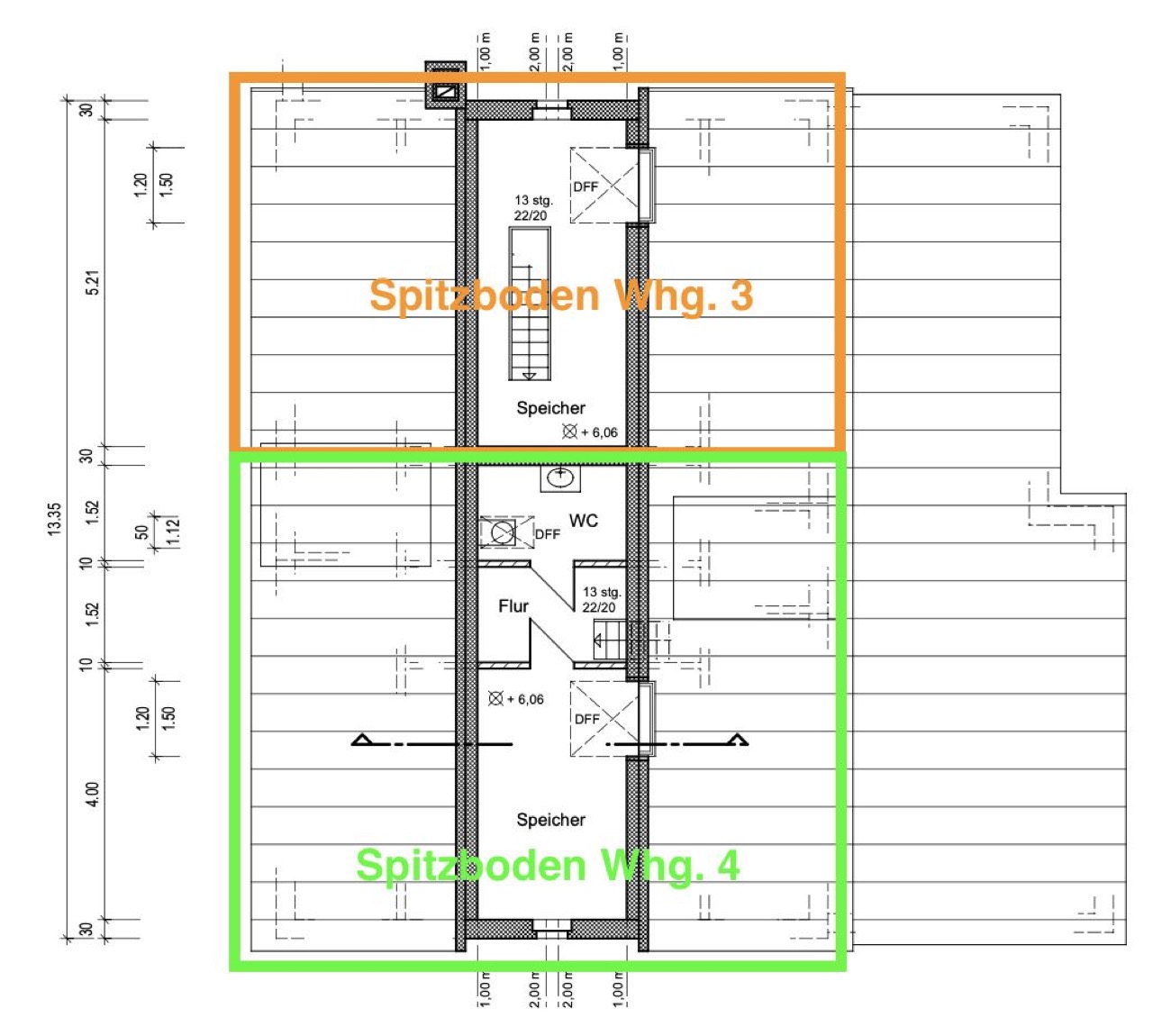 Grundriss der Spitzböden über den beiden Dachgeschosswohnungen